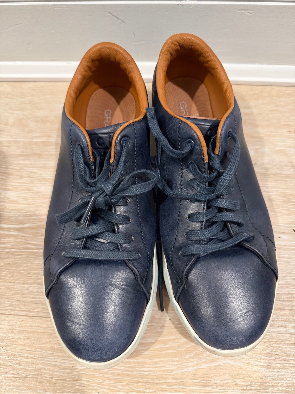 Cole Haan GrandPro Navy Leather Sneakers with Tan Collar